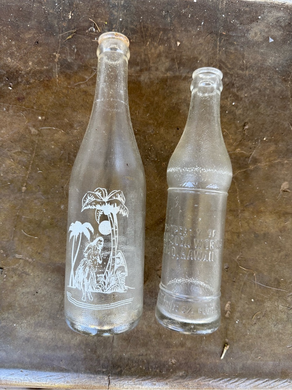 Vintage Clear Glass Hawaiian Bottles with Palm Tree Graphic